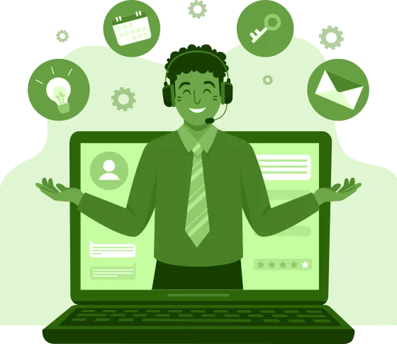 Illustratie van een servicedeskmedewerker met headset achter een laptop, omringd door pictogrammen